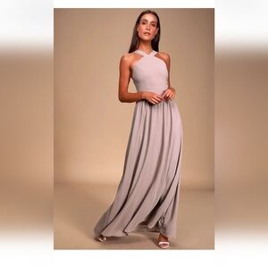 Lulu's Elegant Taupe Cross-Neck Maxi Dress